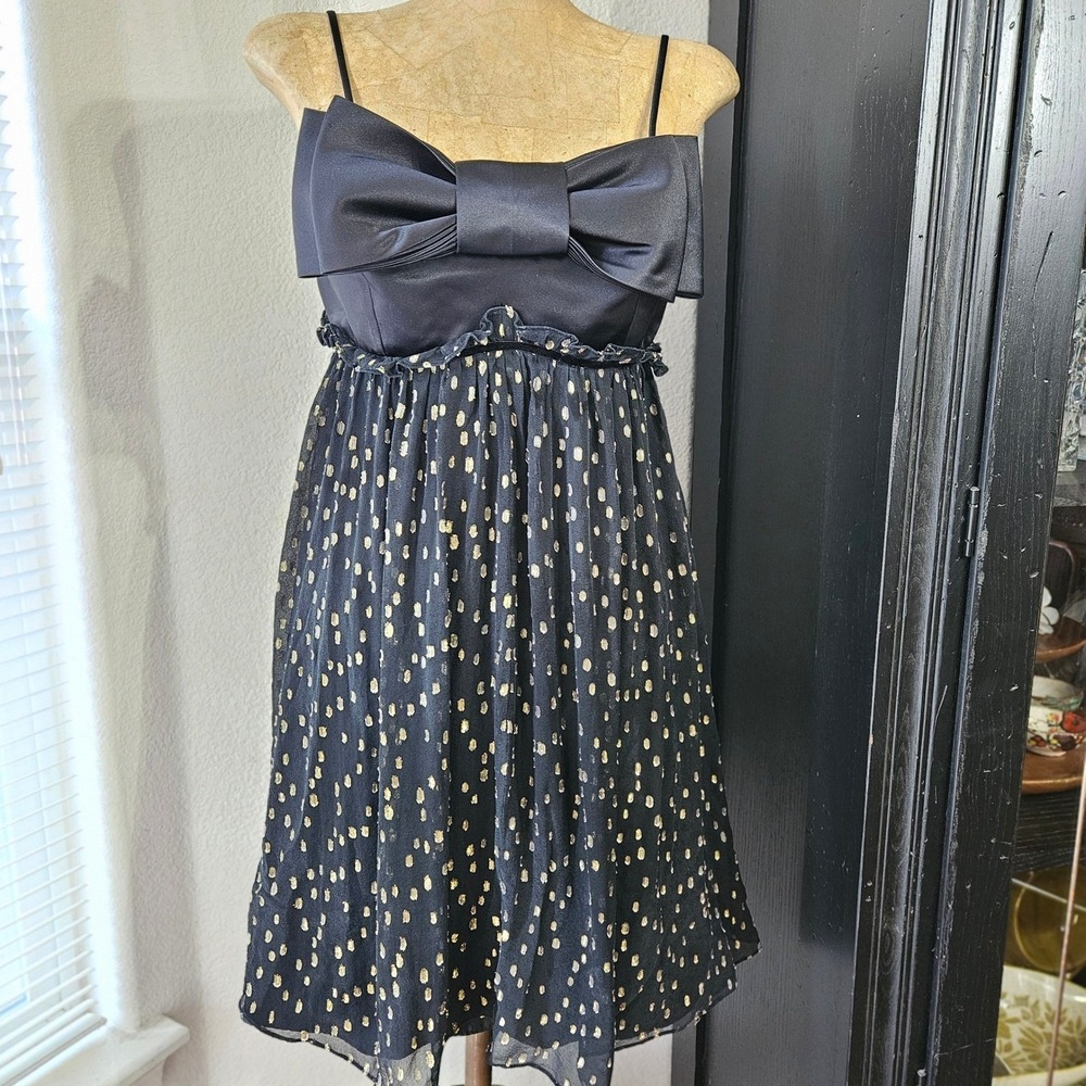 Betsey Johnson Evening Large Bow Silk Party Cocktail Dress Black Gold Dot Size 8